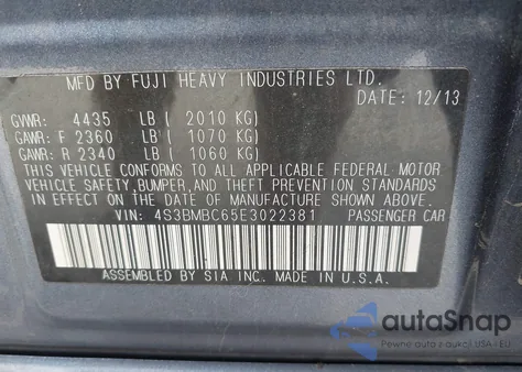 2014 Subaru Legacy 2.5I Premium z USA, uszkodzony, nr VIN 4S3BMBC65E3022381